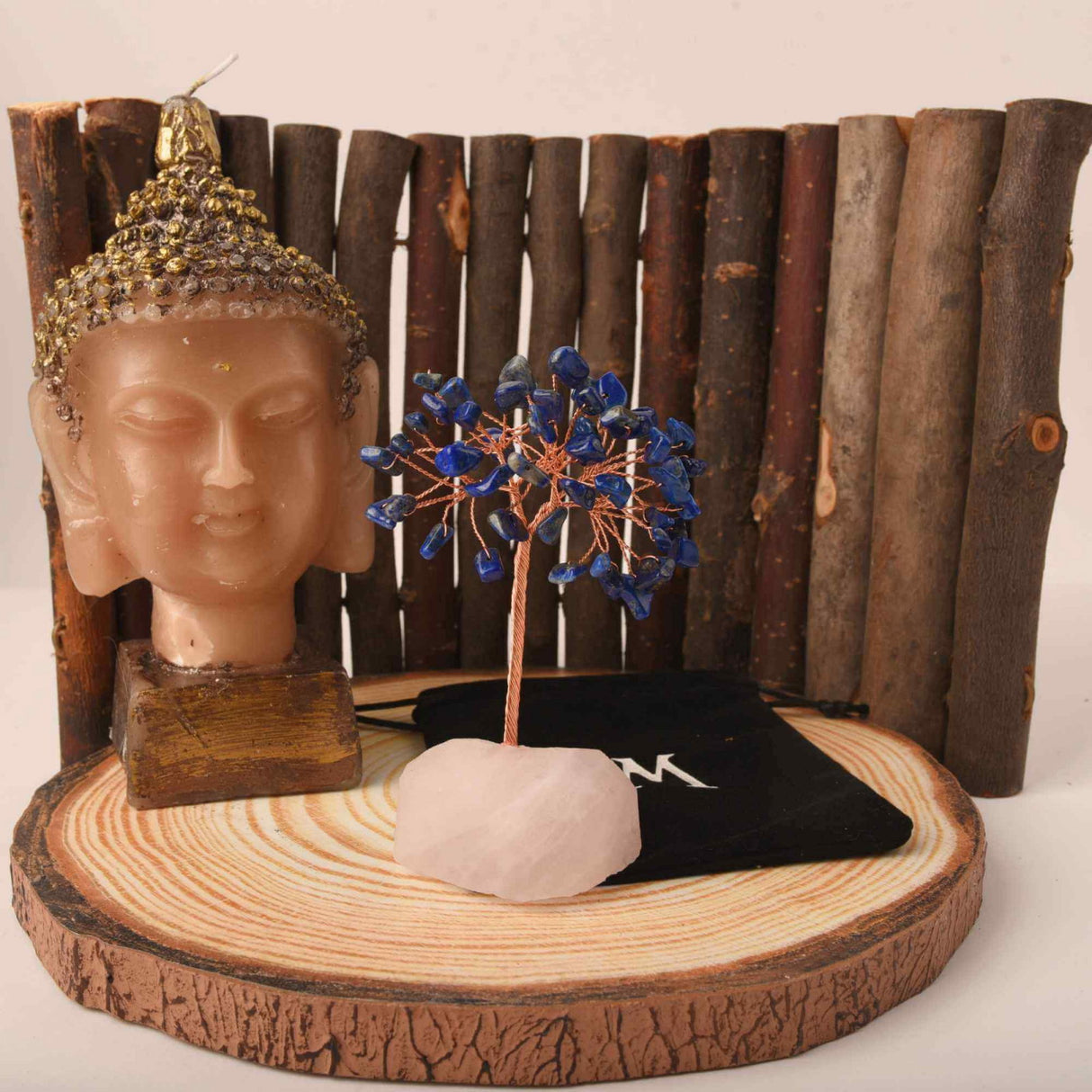 Copacel 10-11 cm din cristale naturale Lapis Lazuli cu baza de Cuart Roz cu 6 ramuri și 54 mini pietre semiprețioase - Armonie si bunastare
