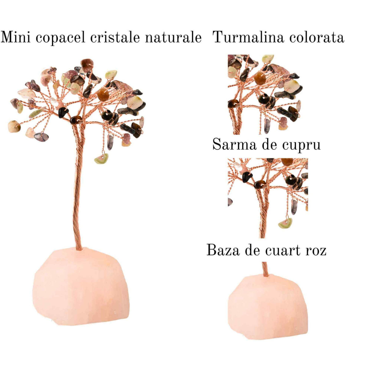 Copacel 10-11 cm din cristale naturale Turmalina colorata cu baza de Cuart Roz cu 6 ramuri și 54 mini pietre semiprețioase - Protectie si iubire