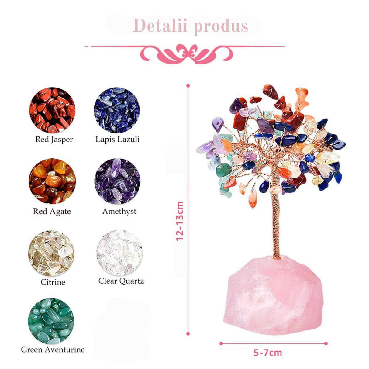 Copacel 12-13 cm din 7 pietre naturale Chakra si baza din cristal natural Ametist pentru noroc si prosperitate