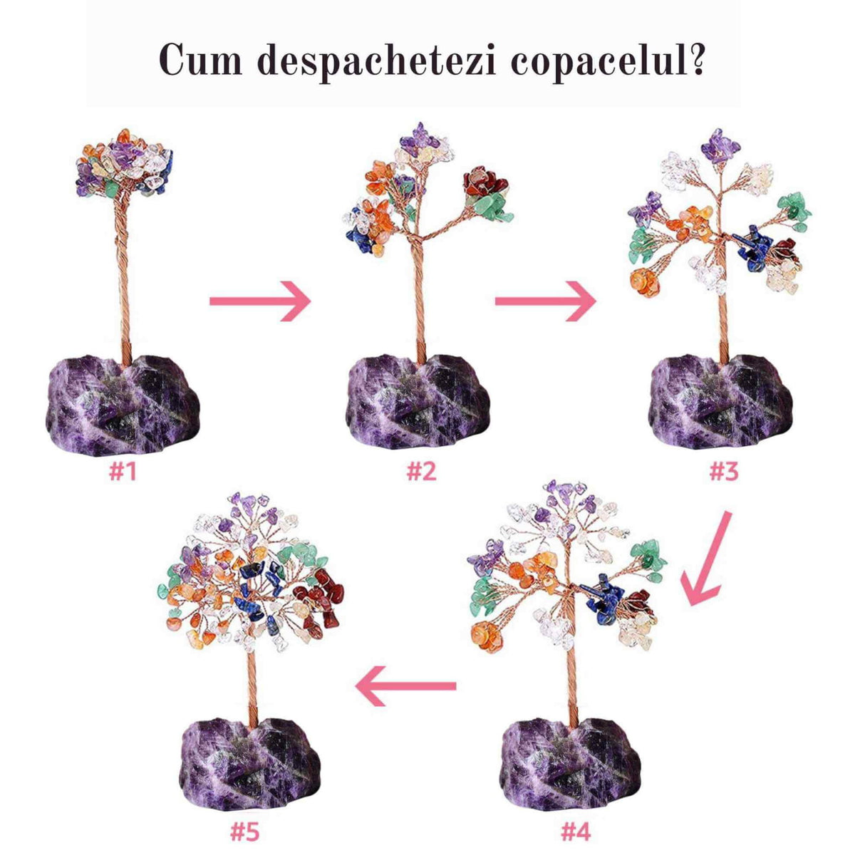 Copacel 12-13 cm din 7 pietre naturale Chakra si baza din cristal natural Ametist pentru noroc si prosperitate