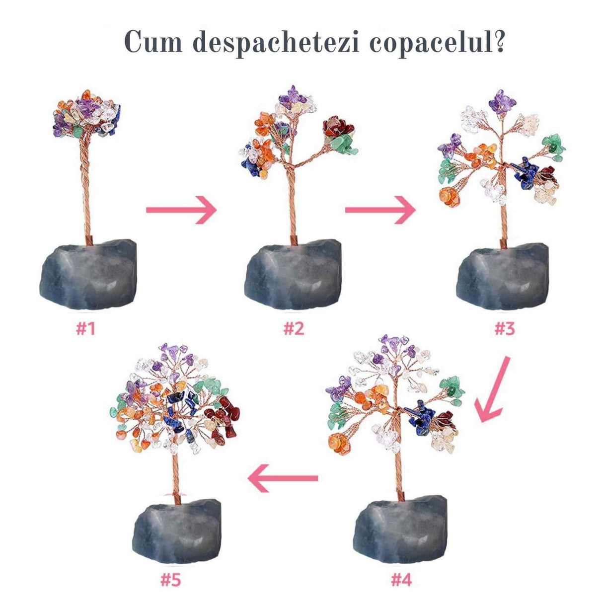 Copacel 12-13 cm din 7 pietre naturale Chakra si baza din cristal natural Ametist pentru noroc si prosperitate