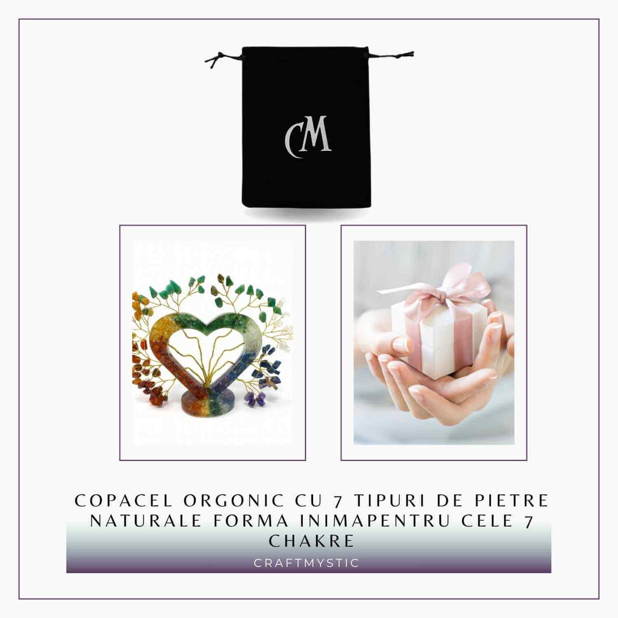 Copacel Orgonic cu 7 Pietre Naturale – Forma Inima pentru Cele 7 Chakre