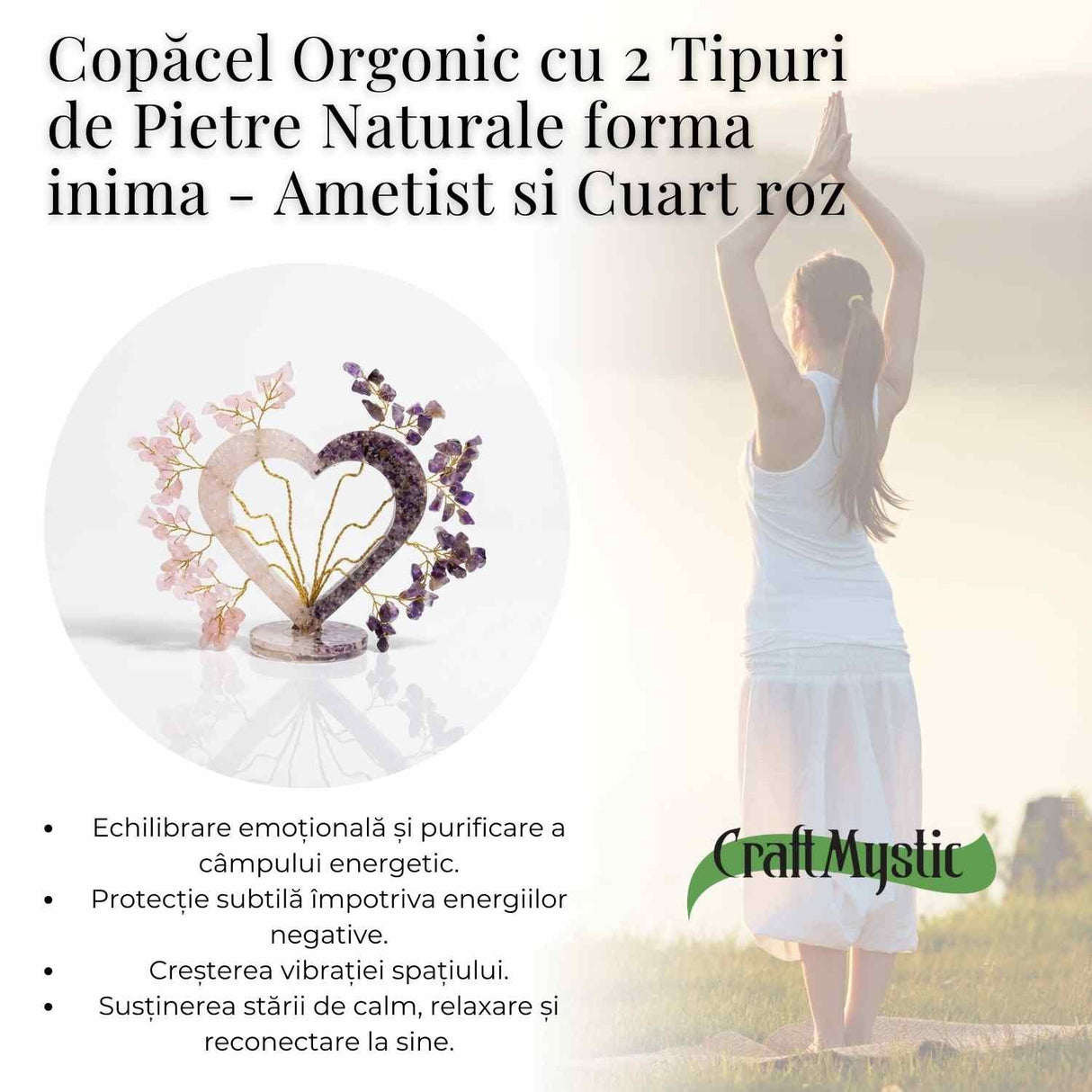 Copacel Orgonic Inima din Cuart Roz si Ametist 15x15 cm