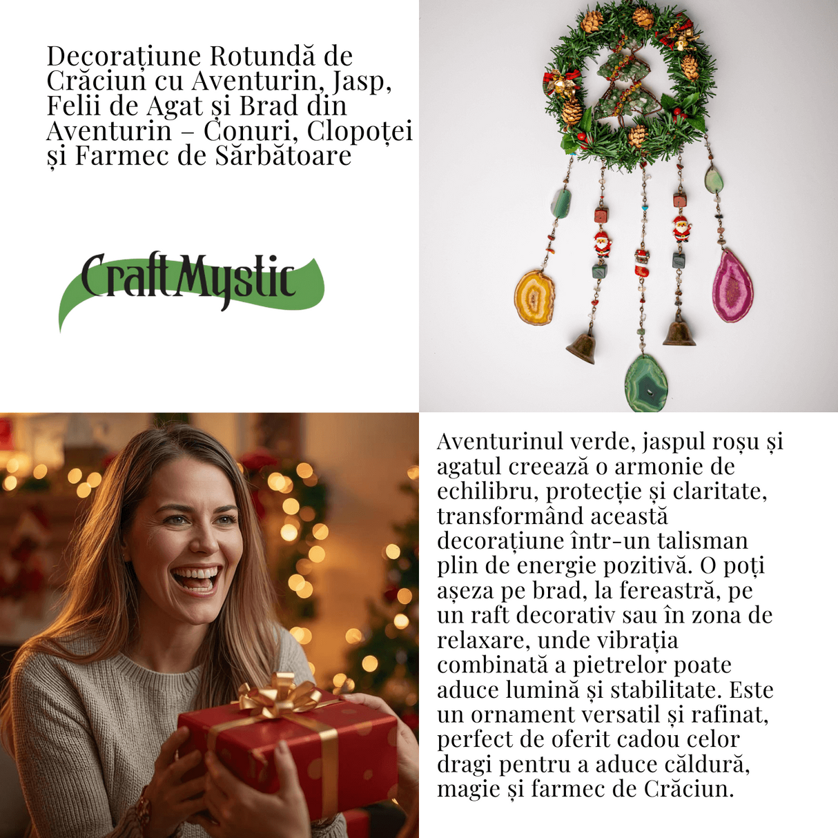 Coronita de Craciun cu Aventurin Verde, Jasp Rosu si Agat - Arborele Prosperitatii si Magiei Festive