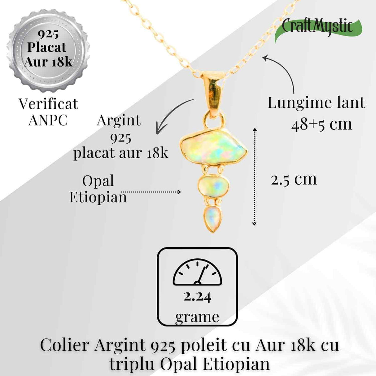 Creativitate si Bucurie de Viata - Colier inox si pandantiv argint 925 placat cu aur de18k si Triplu Opal Etiopian