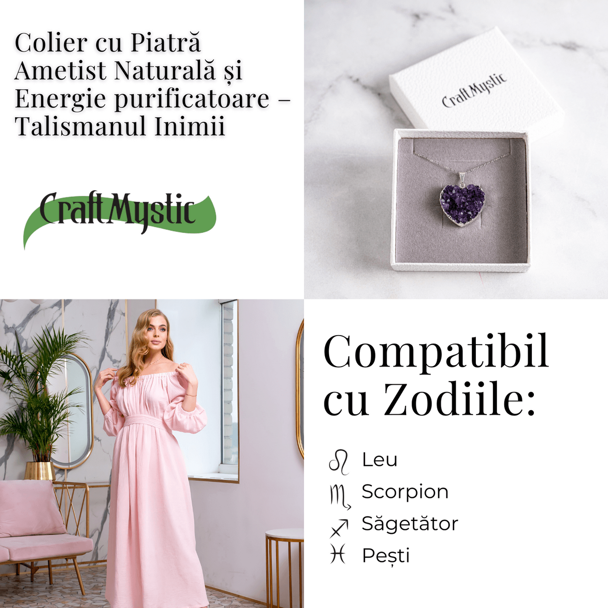 Talismanul inimii - Colier cu piatra ametist naturala Brazilia si lant argint 925 - Energie purificatoare