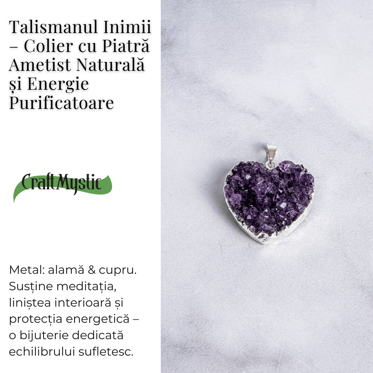 Talismanul inimii - Colier cu piatra ametist naturala Brazilia si lant argint 925 - Energie purificatoare