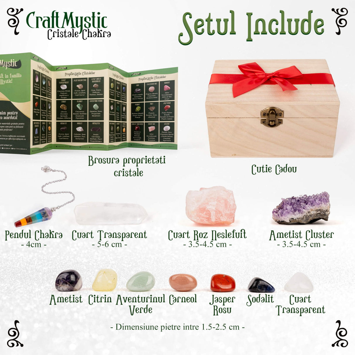 Set Premium cristale si pietre naturale vindecatoare in cutie de lemn - 11 piese pentru meditatie, spiritualitate, echilibrarea chakrelor - Cluster de ametist, pendul chakra, cuart roz, cristal de sta