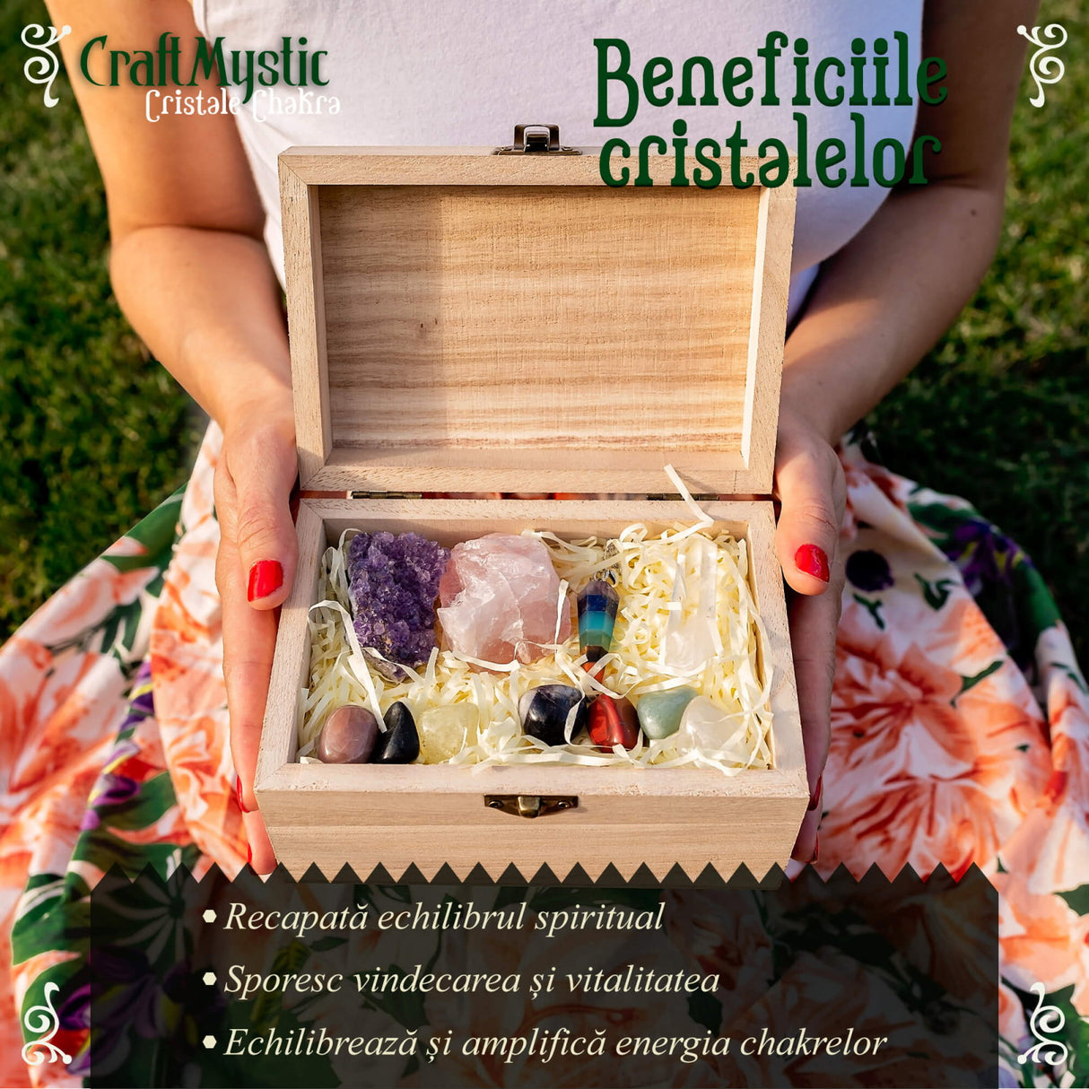 Set Premium cristale si pietre naturale vindecatoare in cutie de lemn - 11 piese pentru meditatie, spiritualitate, echilibrarea chakrelor - Cluster de ametist, pendul chakra, cuart roz, cristal de sta