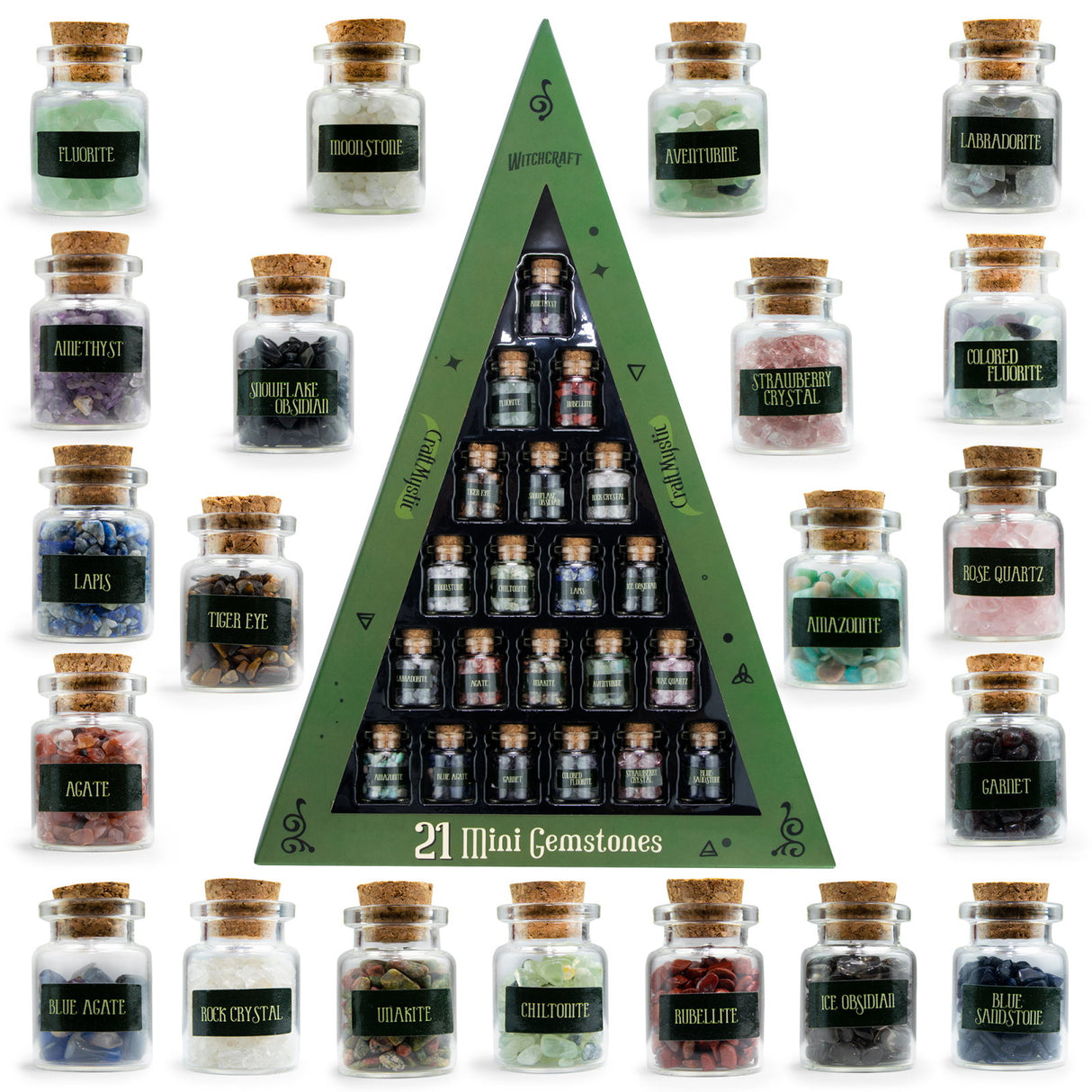 Set 21 Sticlute cu Mini Cristale si Pietre Naturale pentru Ritualuri Magice si Meditatie