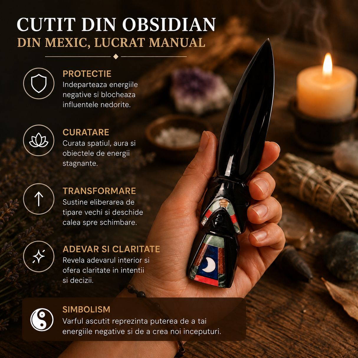 Cutit Ritualic din Obsidian Negru Mexican Lucrat Manual – Claritate si Transformare