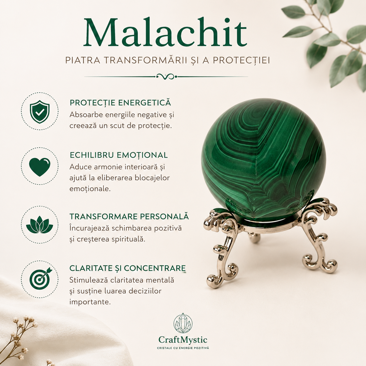 Sfera din Malachit Natural cu Suport Metalic – Protectie, Echilibru si Transformare