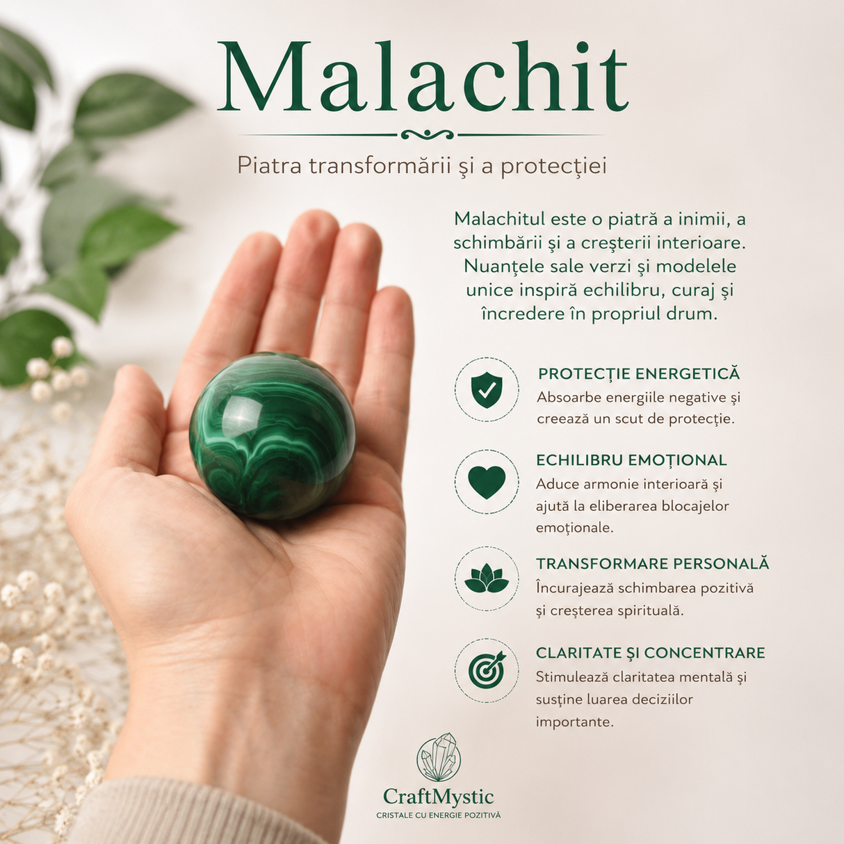 Sfera din Malachit Natural cu Suport Metalic – Protectie, Echilibru si Transformare