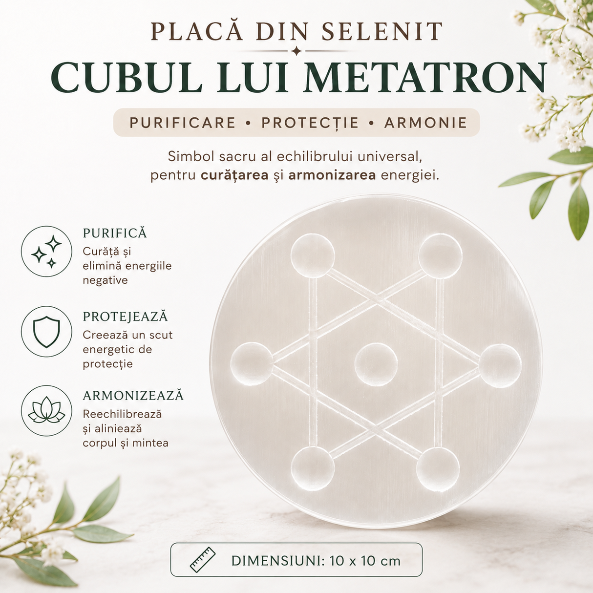 Placa din Selenit cu Simbolul Cubului lui Metatron – Purificare si Armonizare Energetica