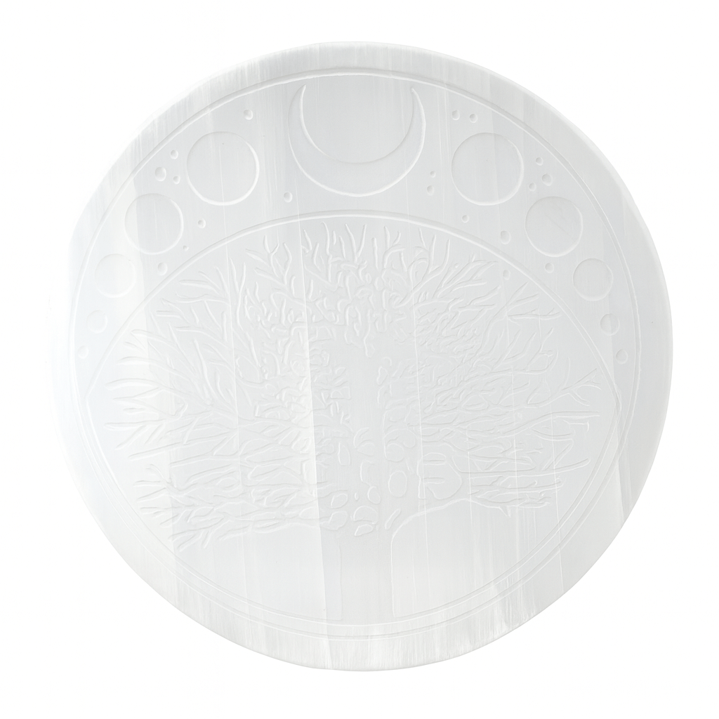 Disc Rotund din Selenit Natural 12cm - Placa Floarea Vietii pentru Purificare si Armonie Energetica