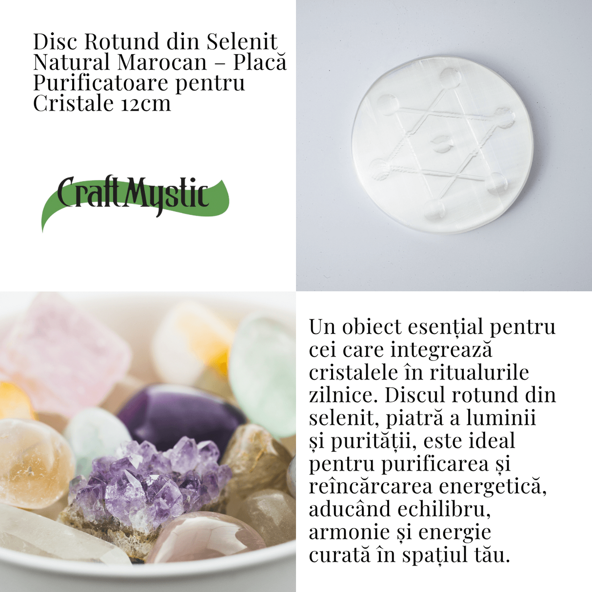 Disc Rotund din Selenit Natural 12cm - Placa cu Simbolul Metatron pentru Purificare si Protectie Energetica