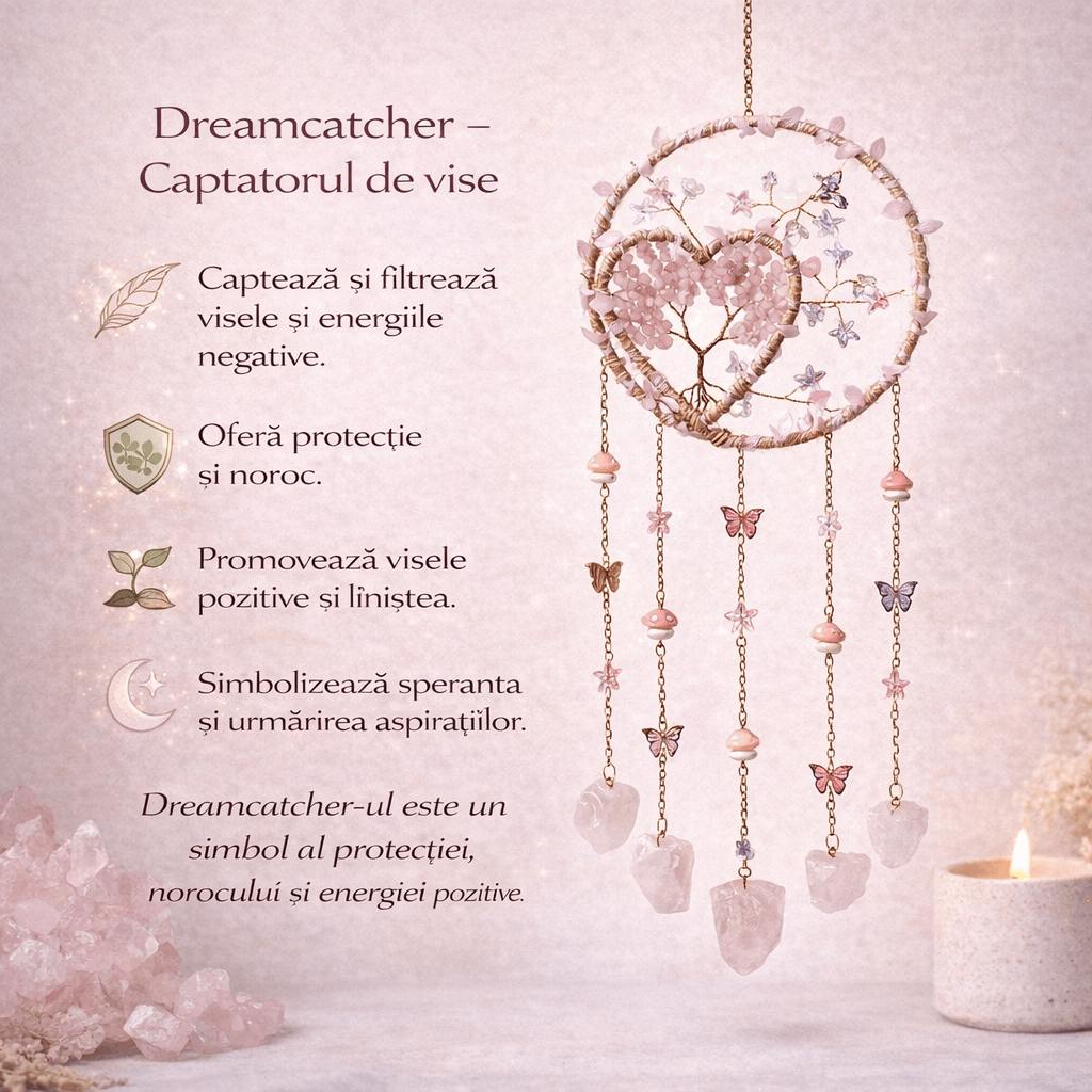 Dreamcatcher arborele vietii dincuart roz, un simbol al blândeții, iubirii si linistii interioare