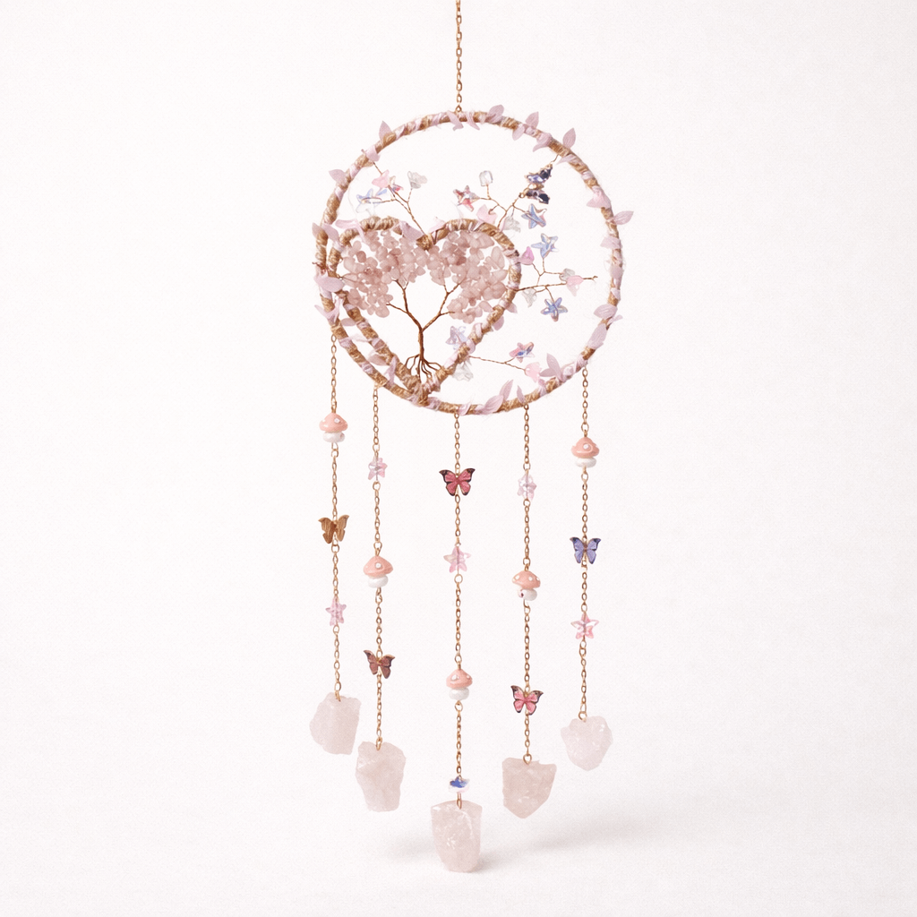 Dreamcatcher cu cuart roz, un simbol al blândeții, iubirii si linistii interioare