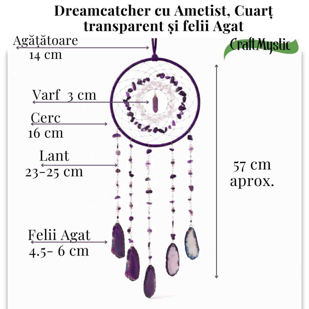 Dreamcatcher cu ametist, cuart transparent si agat – un simbol al claritătii si linistii interioare