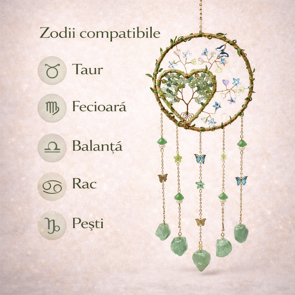 Dreamcatcher cu aventurin verde, un simbol al inimii deschise și al echilibrului natural