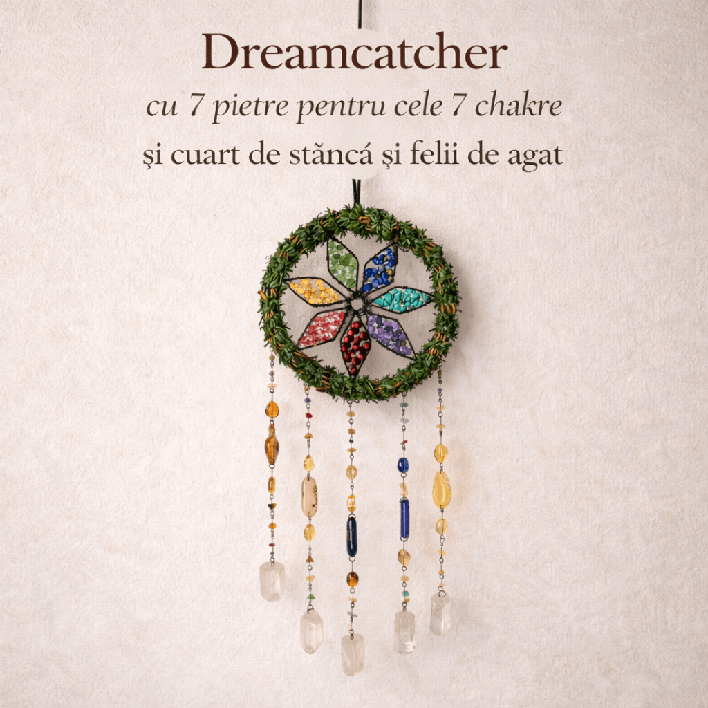 Dreamcatcher cu cele 7 Chakre si Cuart de Stanca – Echilibru Energetic si Armonie Interioara