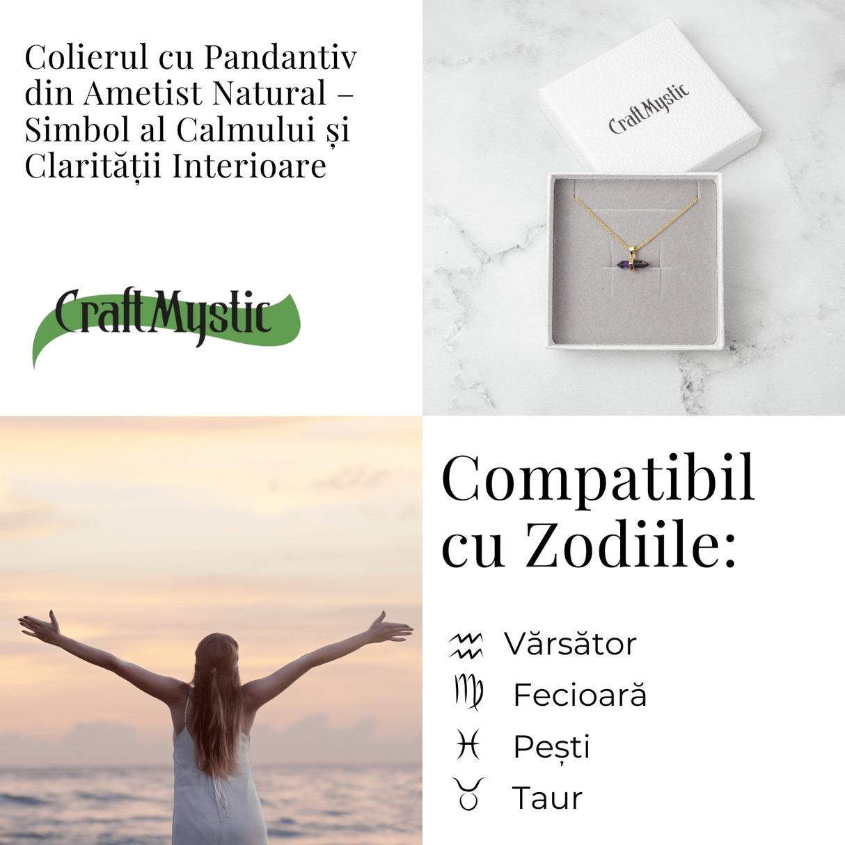 Echilibru si Linsite - Colier din Ametist Natural pe Lant de Cupru