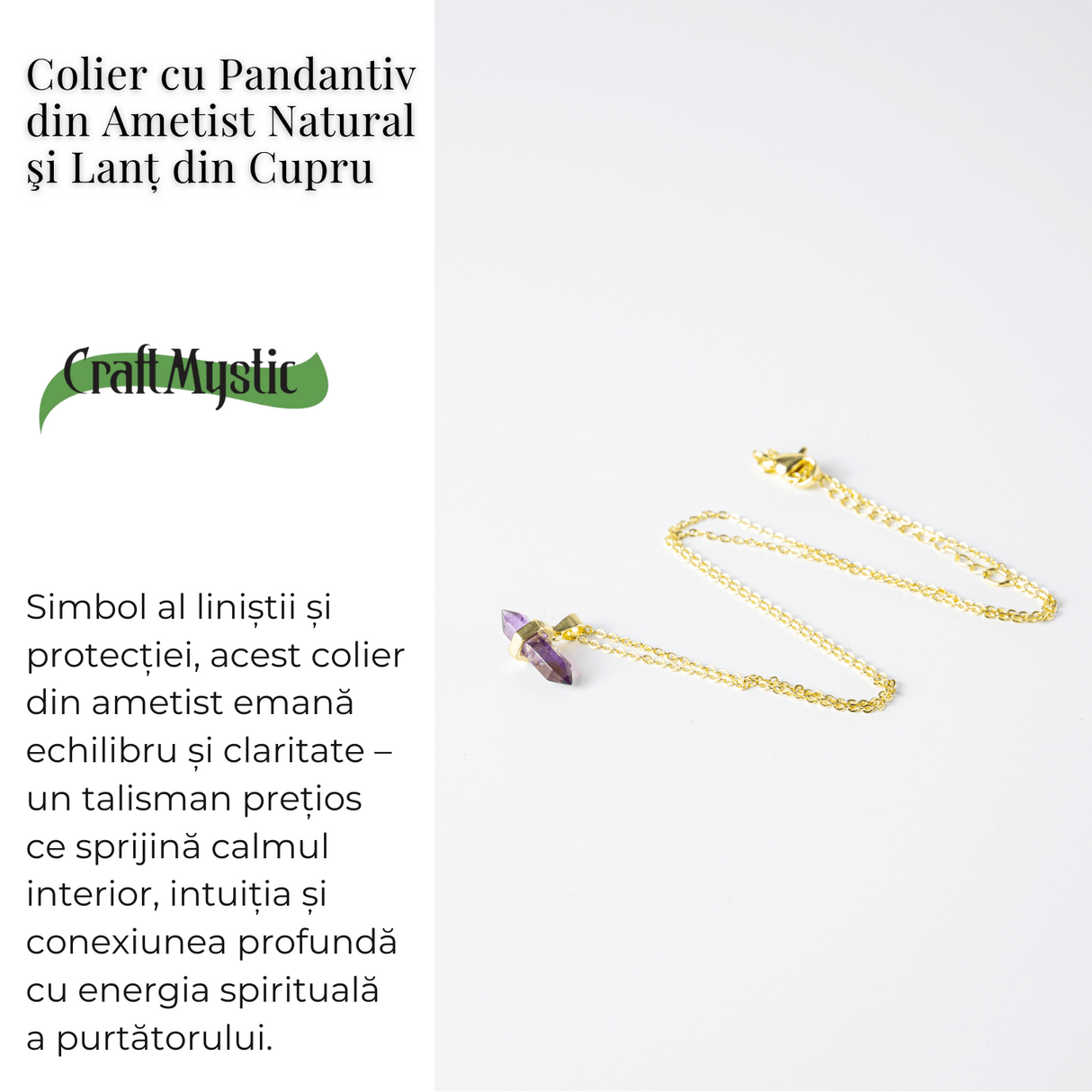 Echilibru si Linsite - Colier din Ametist Natural pe Lant de Cupru