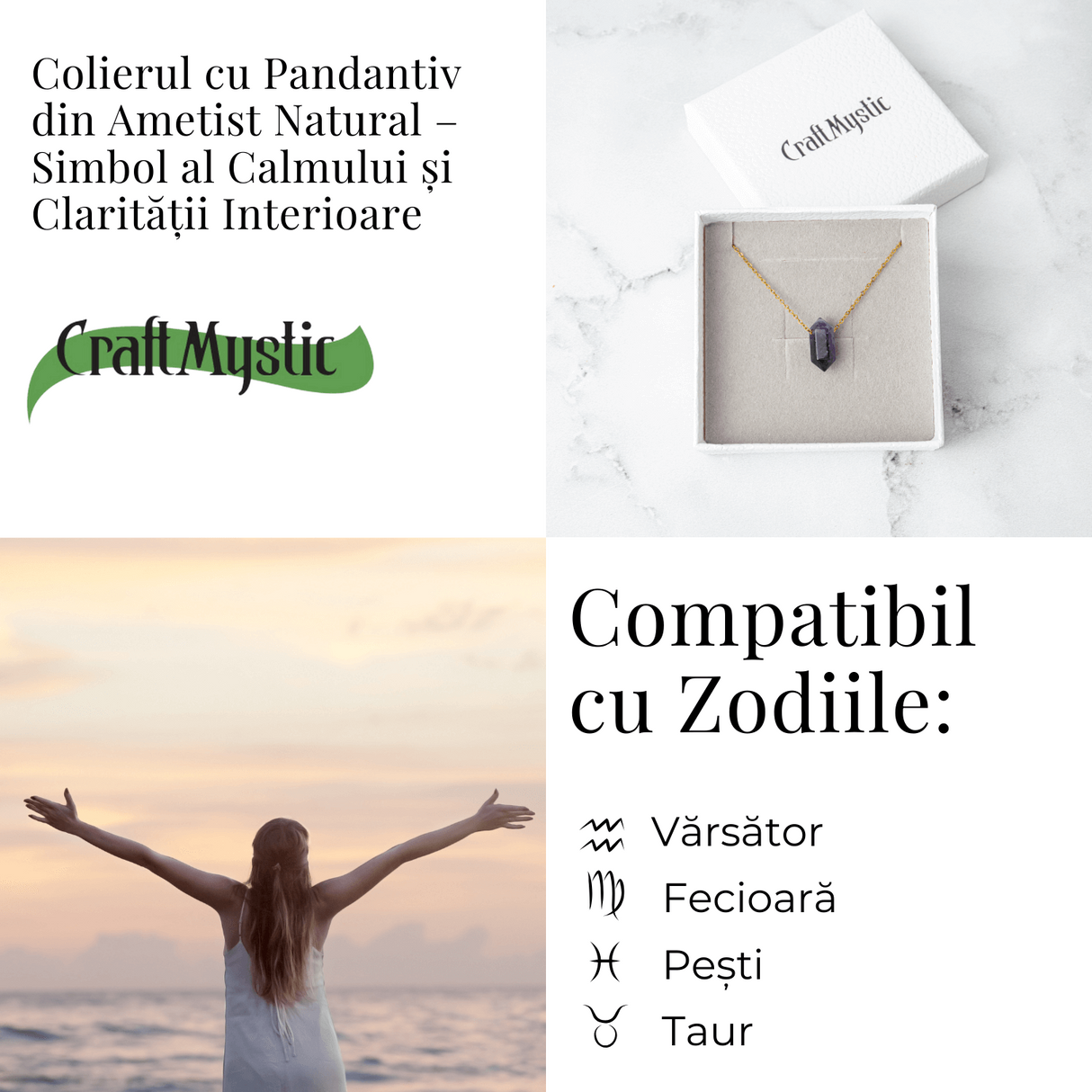Calm si Echilibru - Colier din Ametist Natural cu Lant din Otel Inoxidabil