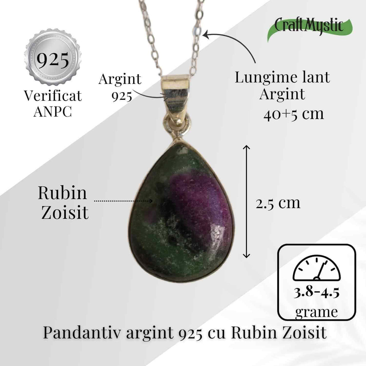 Curaj si Echilibru Emotional - Colier din Argint 925 cu Rubin Zoisit in Forma de Lacrima