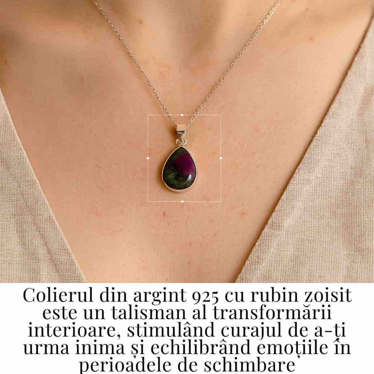 Curaj si Echilibru Emotional - Colier din Argint 925 cu Rubin Zoisit in Forma de Lacrima
