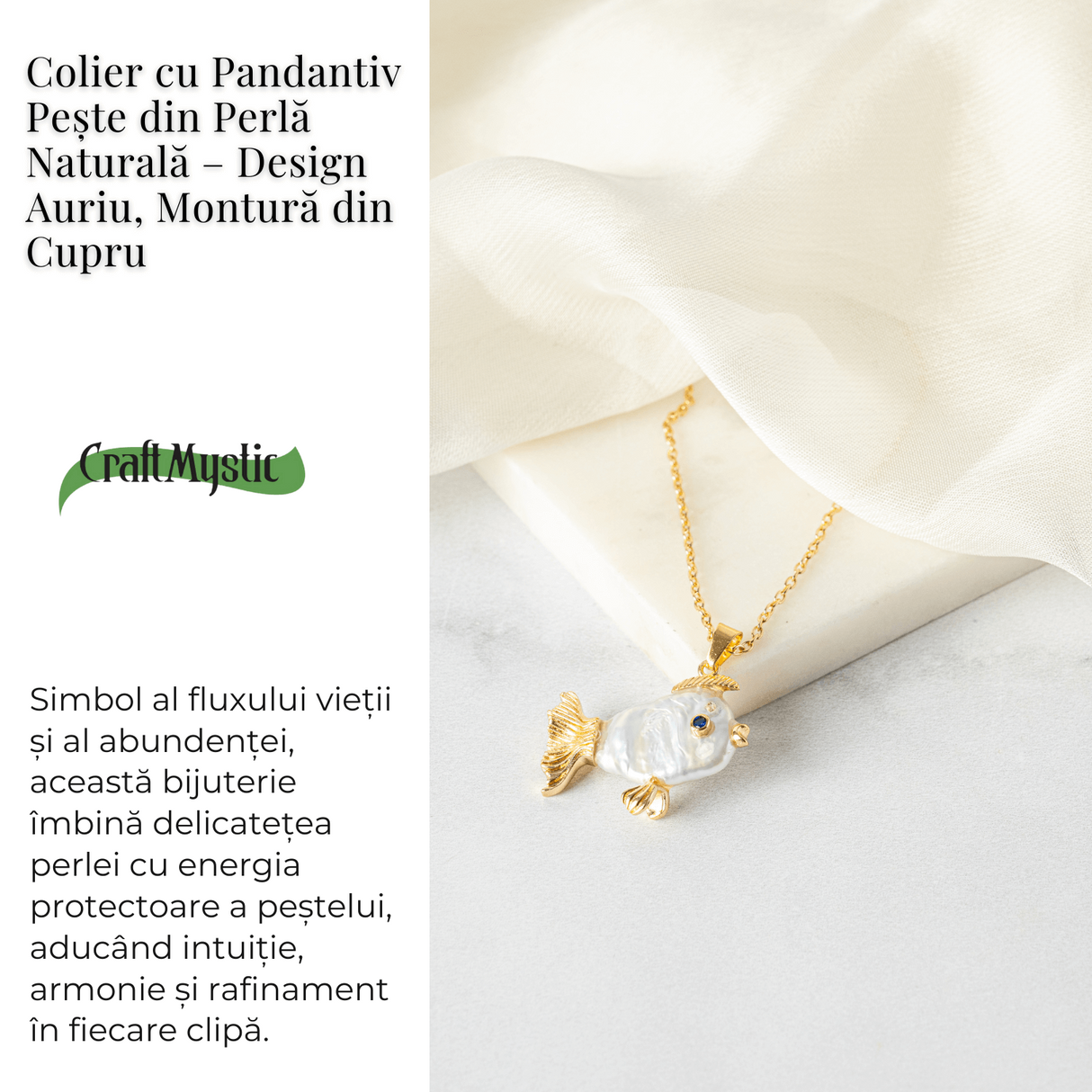 Noroc si Puritate - Colier Peste cu Perla Naturala, Placat Auriu