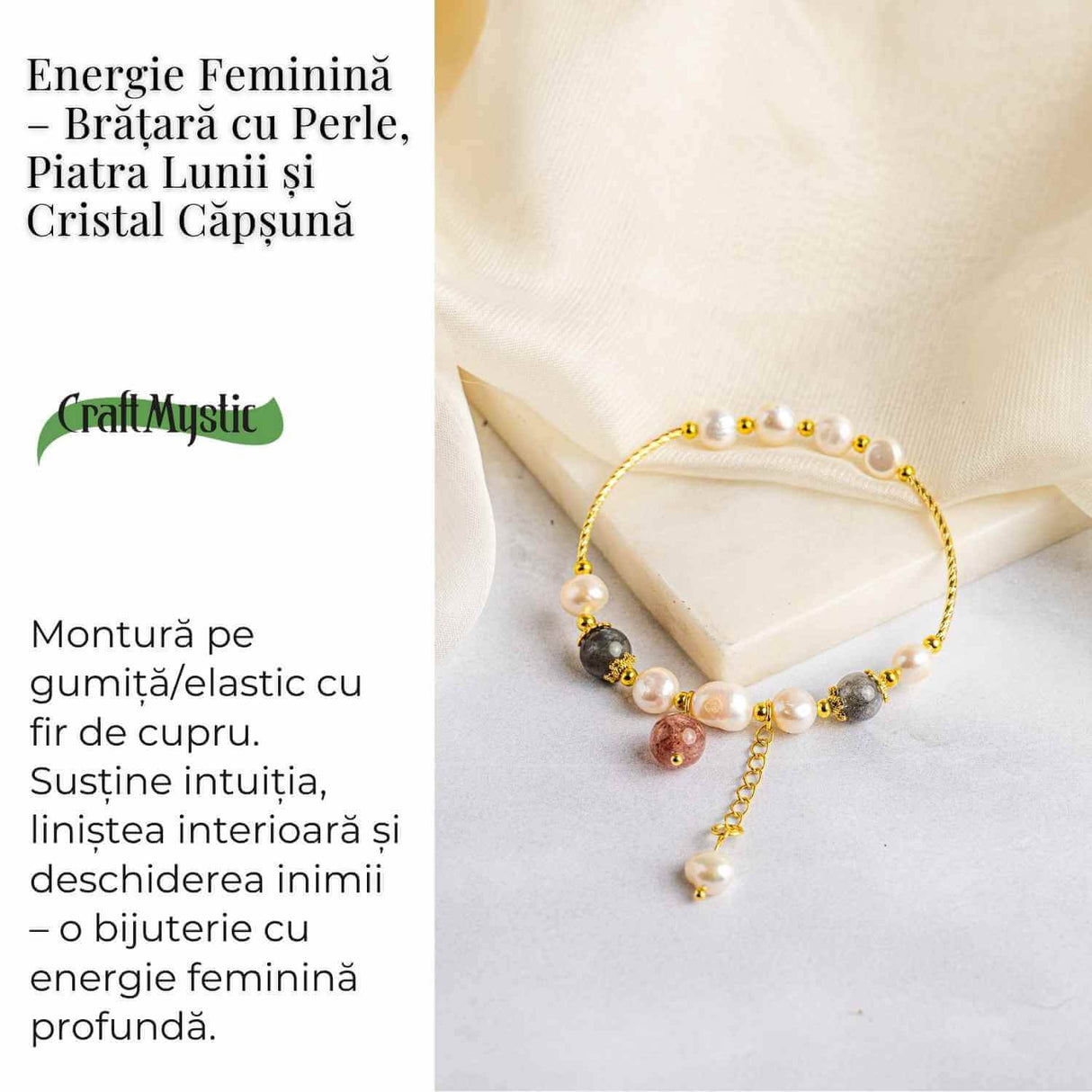 Energie Feminina- Bratara cu Perle, Piatra lunii si Cristal Capsuna