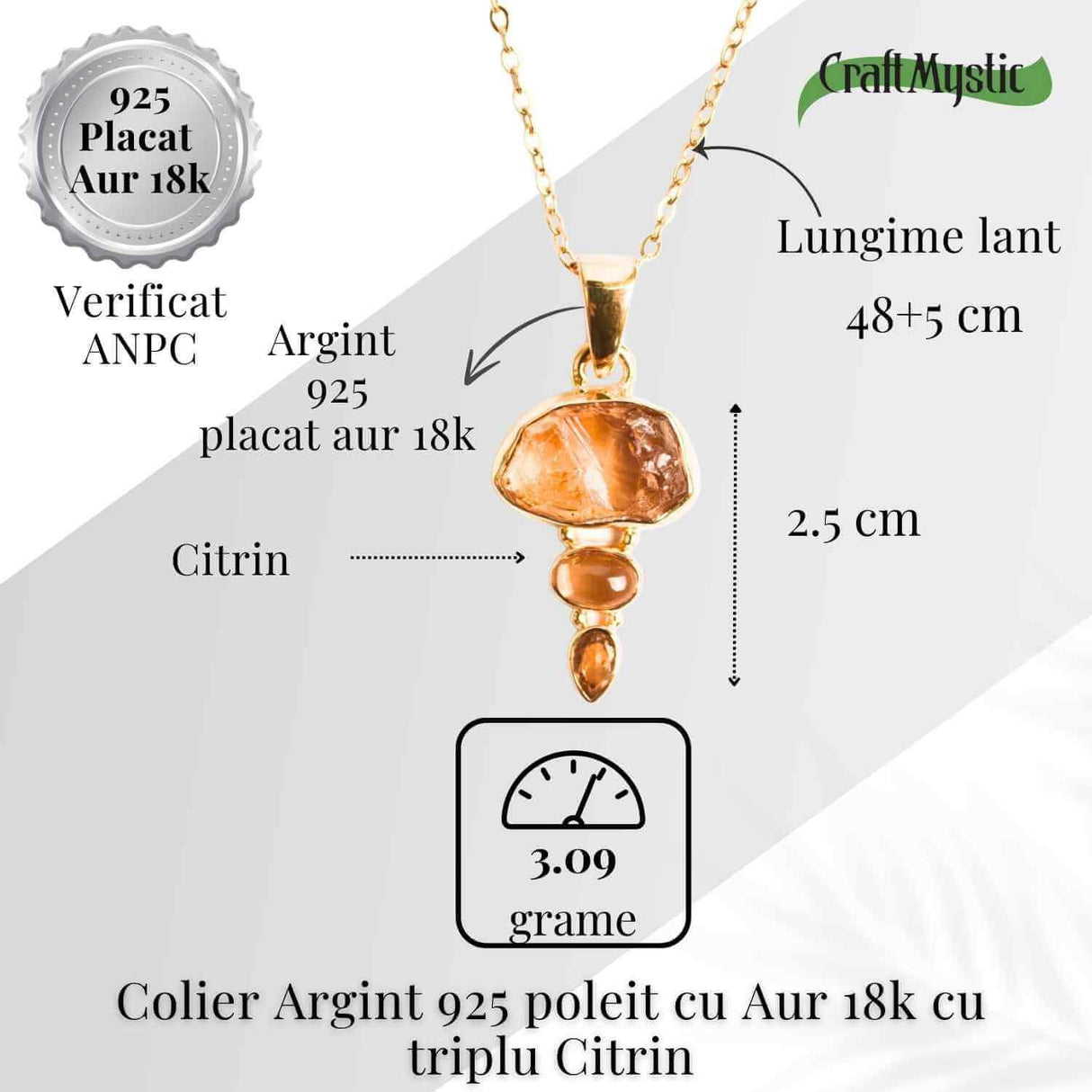 Energie Pozitiva si Prosperitate -Colier inox si pandantiv argint 925 placat cu aur de18k si Triplu Citrin