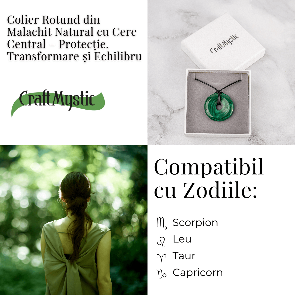 Colier Malachit Natural Pi pe Snur Reglabil - Transformare, Protectie si Echilibru Interior