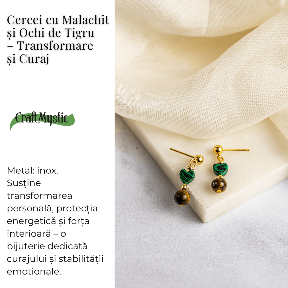 Transformare si Curaj - Cercei cu Malachit Sintetic si Ochi de Tigru
