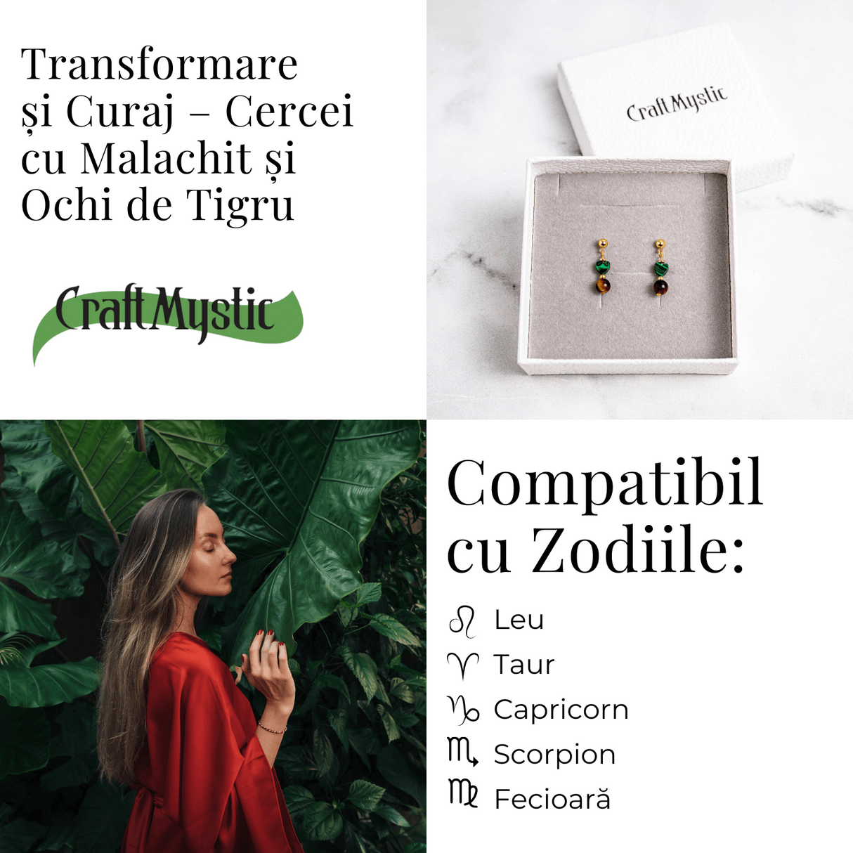Transformare si Curaj - Cercei cu Malachit Sintetic si Ochi de Tigru