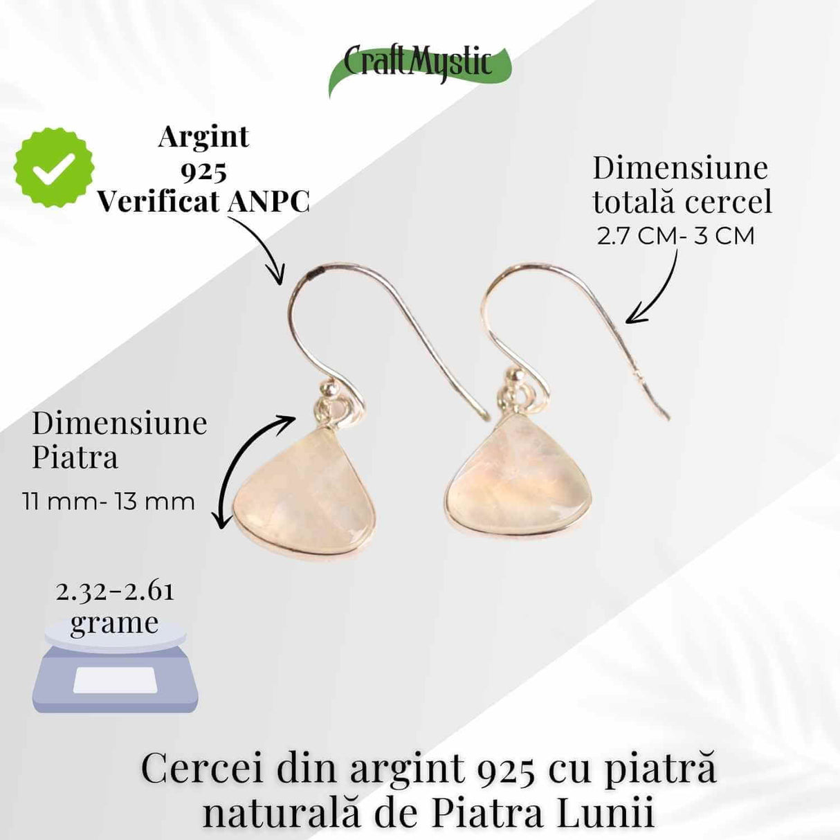 Cercei Argint 925 cu Piatra Lunii Triunghi Rotunjit - Armonie si Intuitie