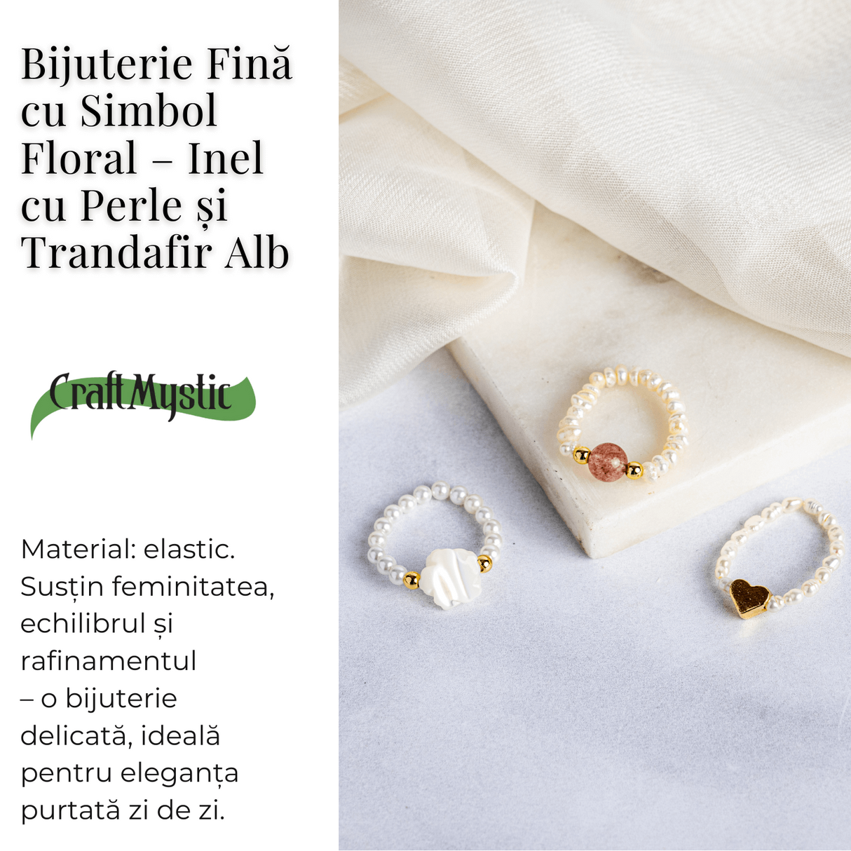 Bijuterie fina cu simbol floral - Inel cu perle si trandafir alb
