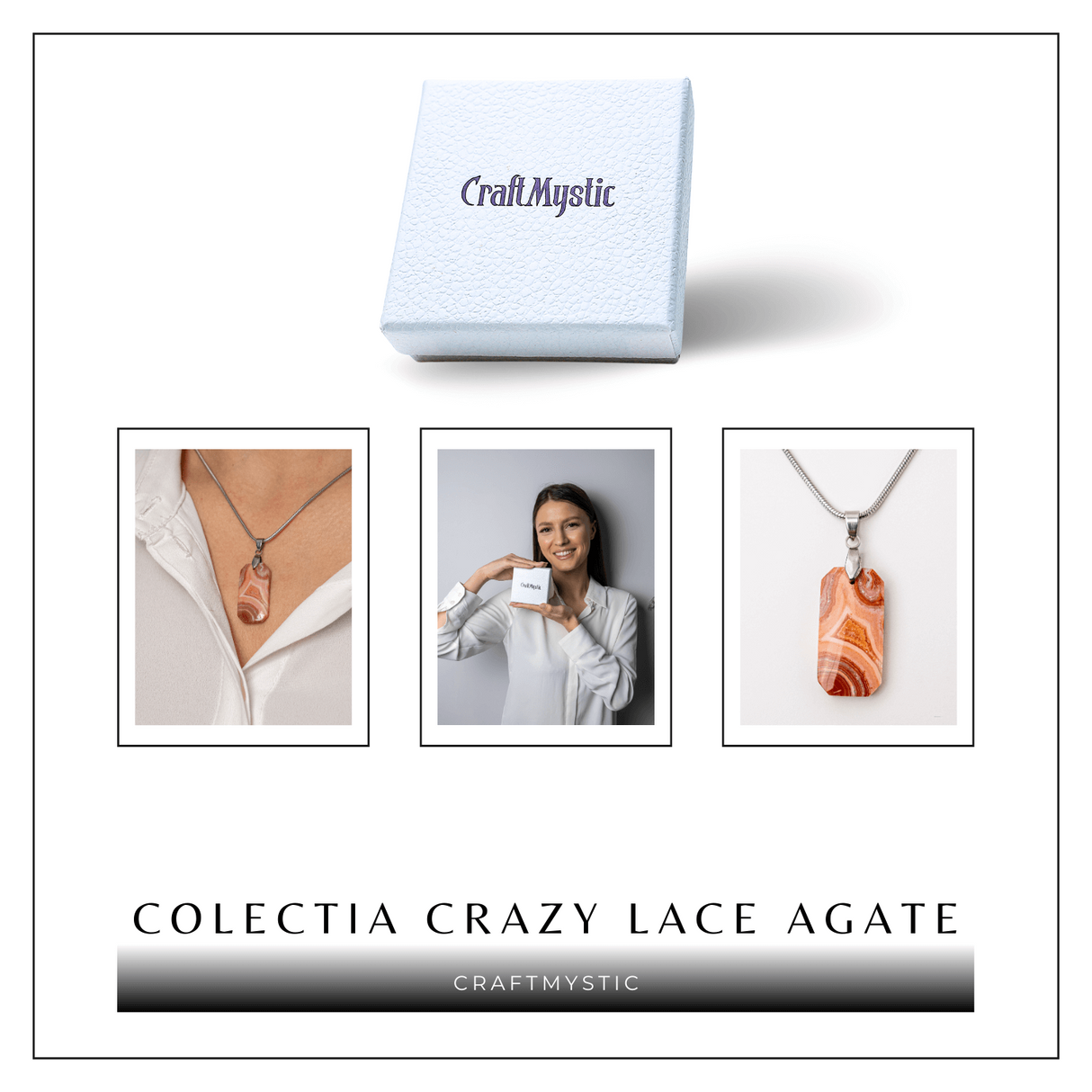 Colier Titanium cu Crazy Lace Agate Dreptunghiular - Energie Pozitiva si Echilibru Emotional