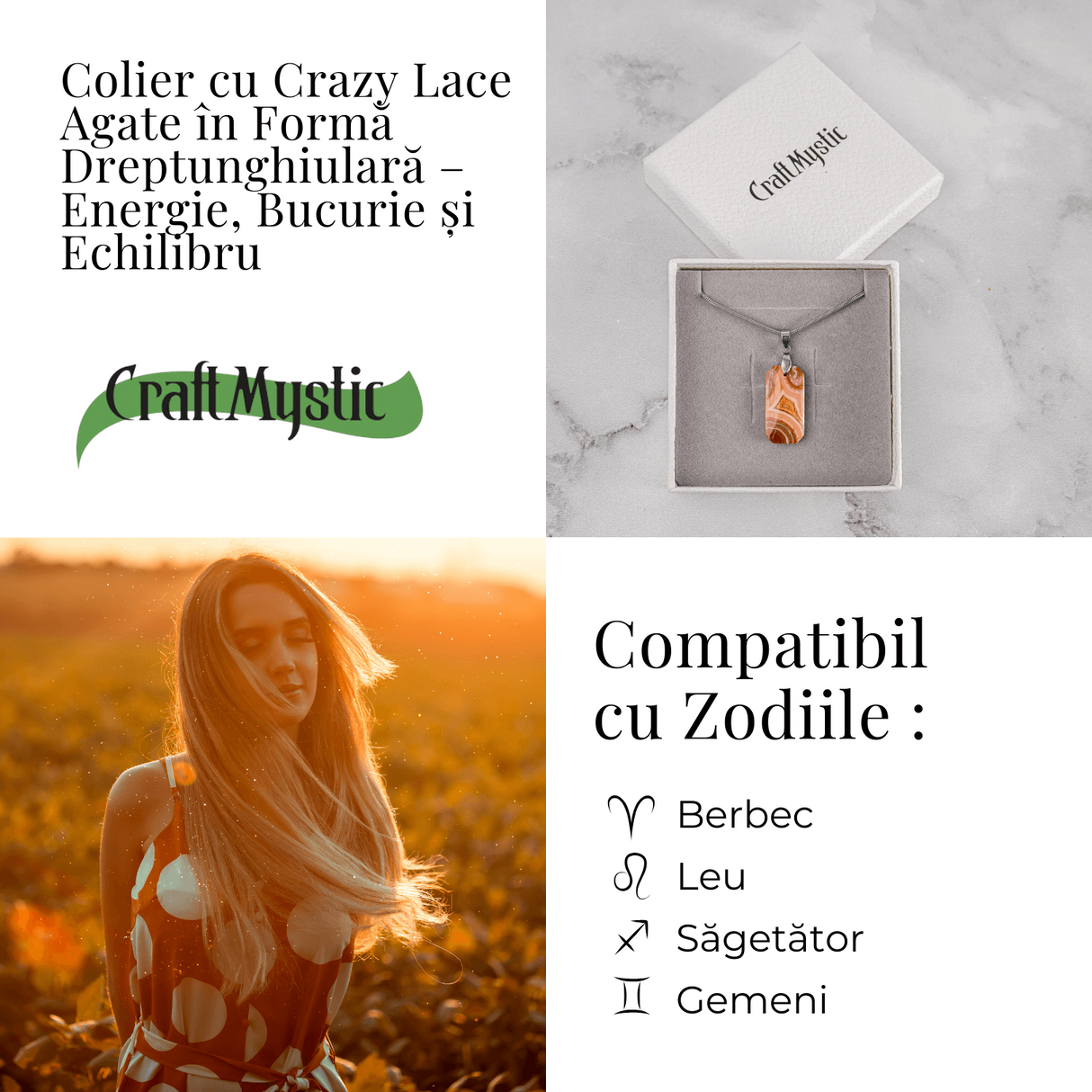 Colier Titanium cu Crazy Lace Agate Dreptunghiular - Energie Pozitiva si Echilibru Emotional