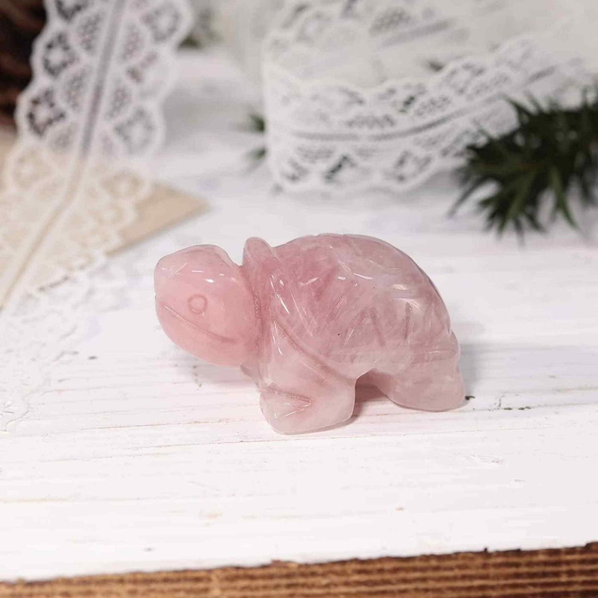 Figurina broasca testoasa 4 cm de cristal semipretios Cuart Roz - Sculptura din piatra vindecatoare reiki de buzunar pentru decor, colectie