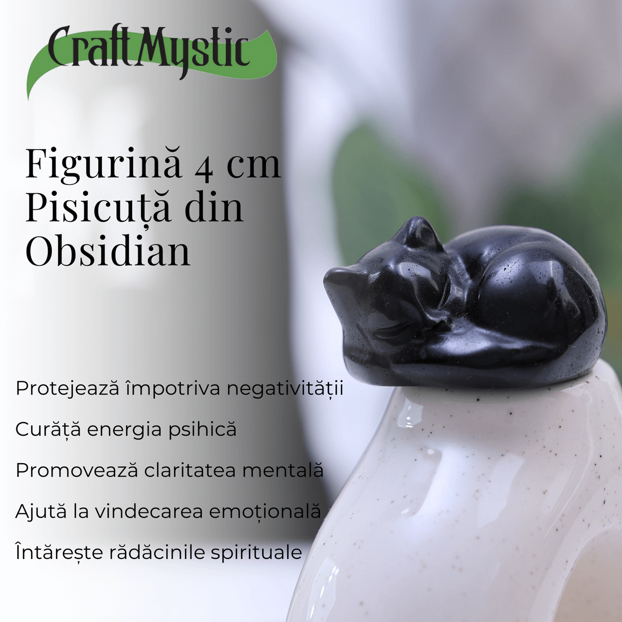 Figurina Pisicuta Adormita 4 cm din Obsidian Natural - Protectie si Liniste
