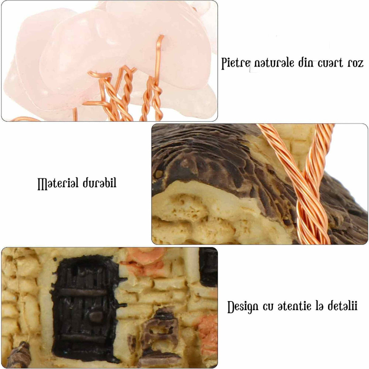 Figurina casuta cu ramuri din cristale naturale Cuart Roz - Decoratiune interior sau exterior, pentru casa, birou, acvariu