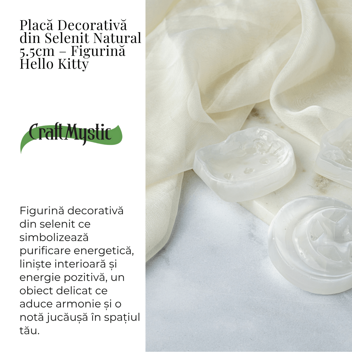 Placa Decorativa din Selenit Natural 5.5cm – Figurina Hello Kitty pentru Purificare si Armonie Energetica