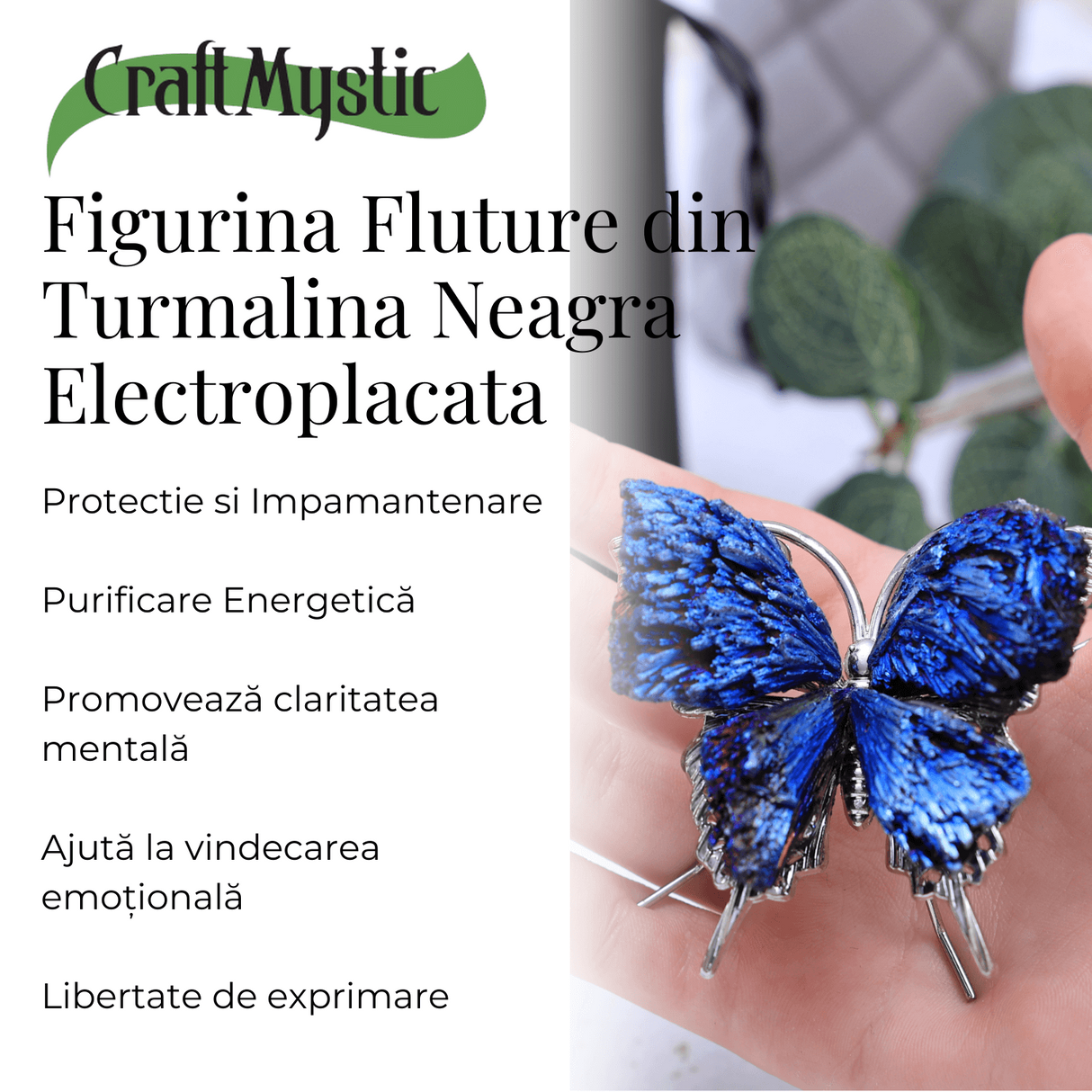 Figurina Fluture din Turmalina Neagra Electroplacata - Protectie si Transformare