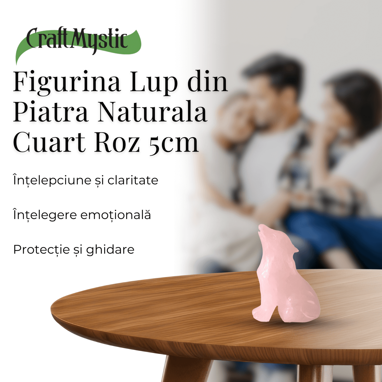 Figurina Lup din Cuart Roz Natural, 5 cm - Favorizeaza Echilibrul Emoțional si Armonia