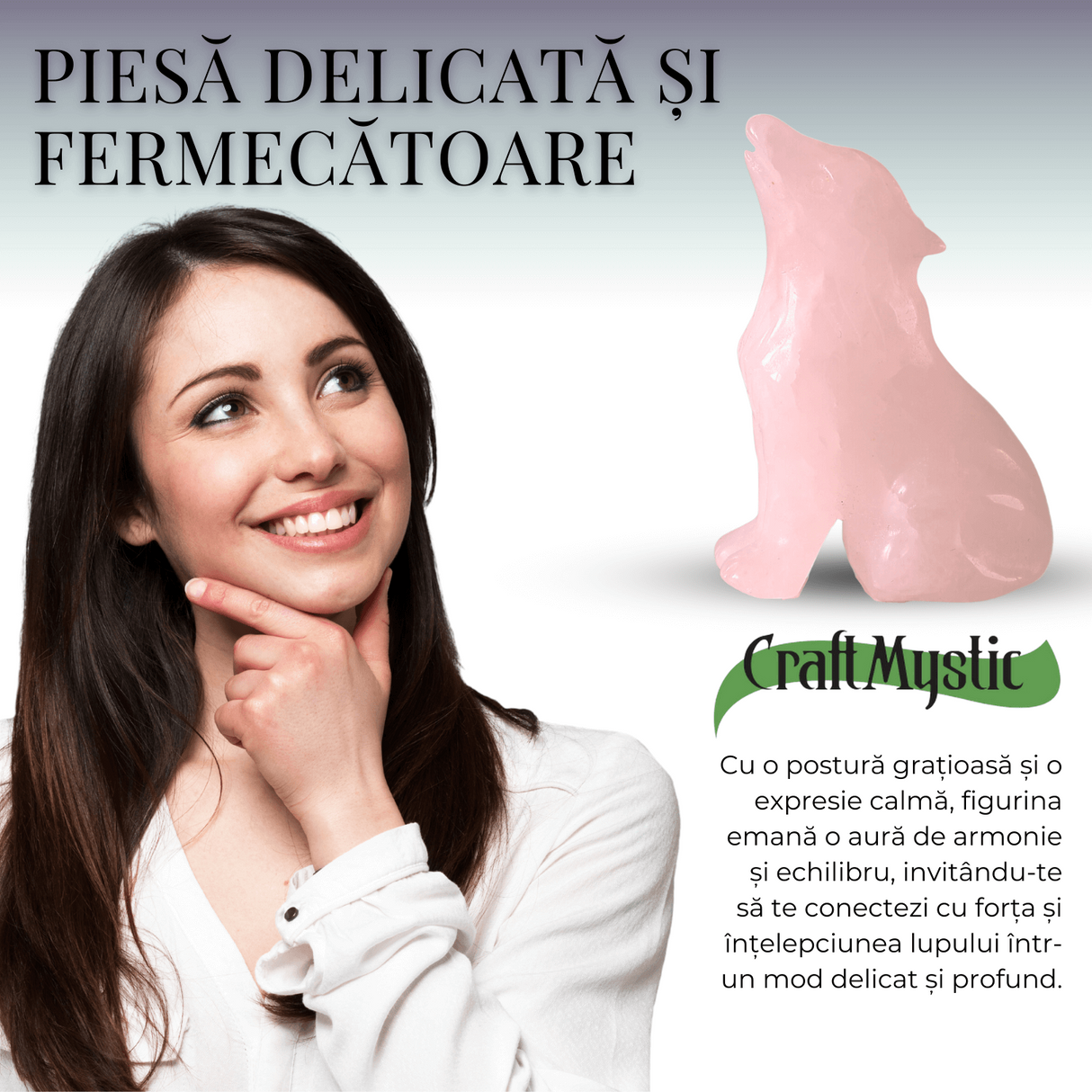 Figurina Lup din Cuart Roz Natural, 5 cm - Favorizeaza Echilibrul Emoțional si Armonia