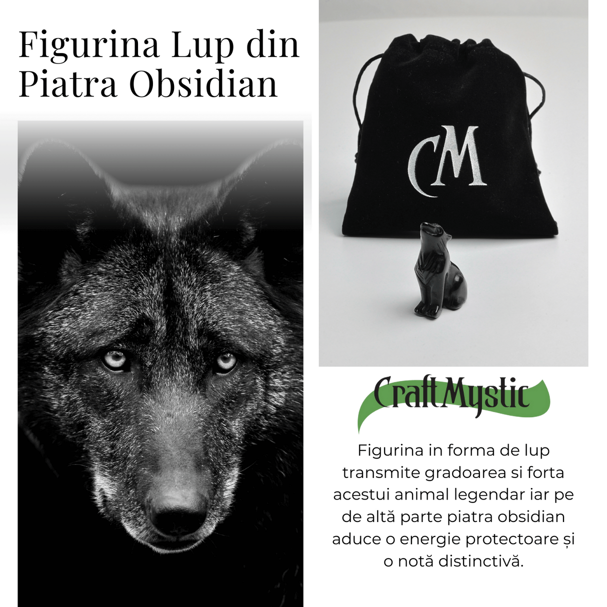 Figurina Lup din Obsidian Natural, 5 cm - Protector Energetic si Sprijin în Transformare