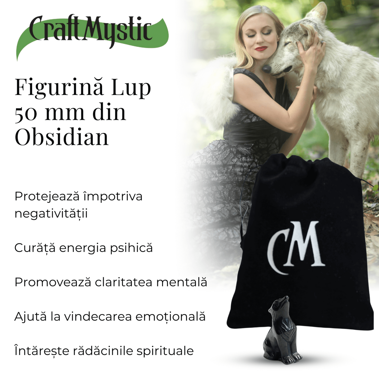 Figurina Lup din Obsidian Natural, 5 cm - Protector Energetic si Sprijin în Transformare
