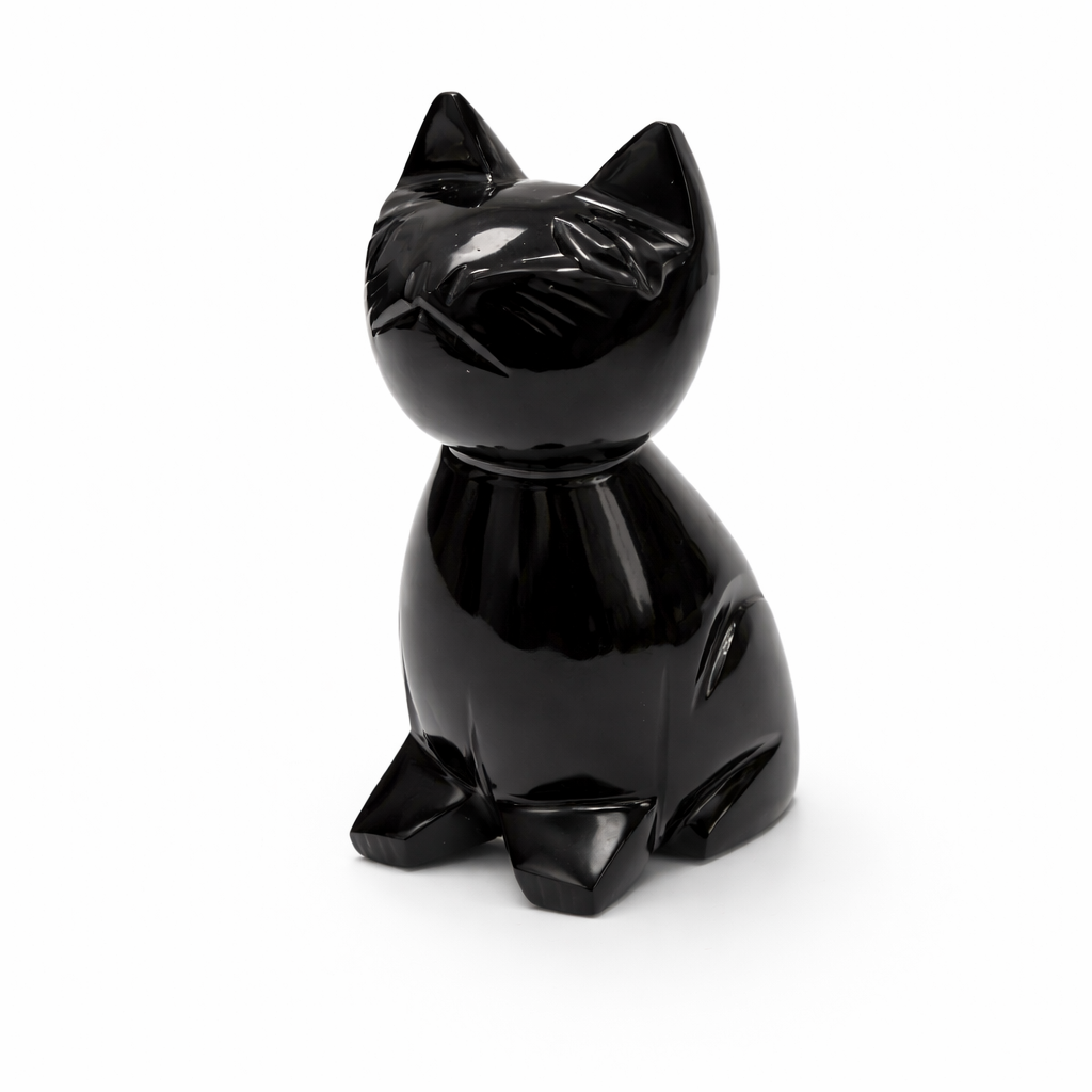 Pisica din Obsidian Negru natural Mexic – protectie Feng Shui, noroc si echilibru energetic